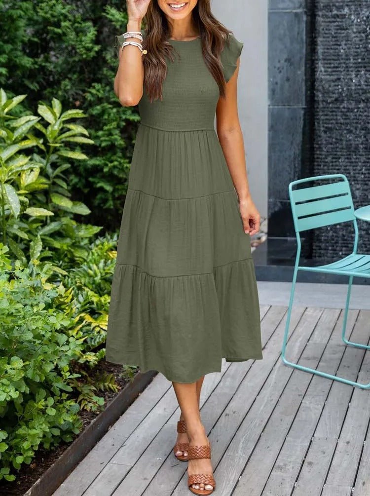 Clara Women's Tiered Cap Sleeve Midi Dress in olive green, featuring a fitted bodice and flowing A-line skirt.