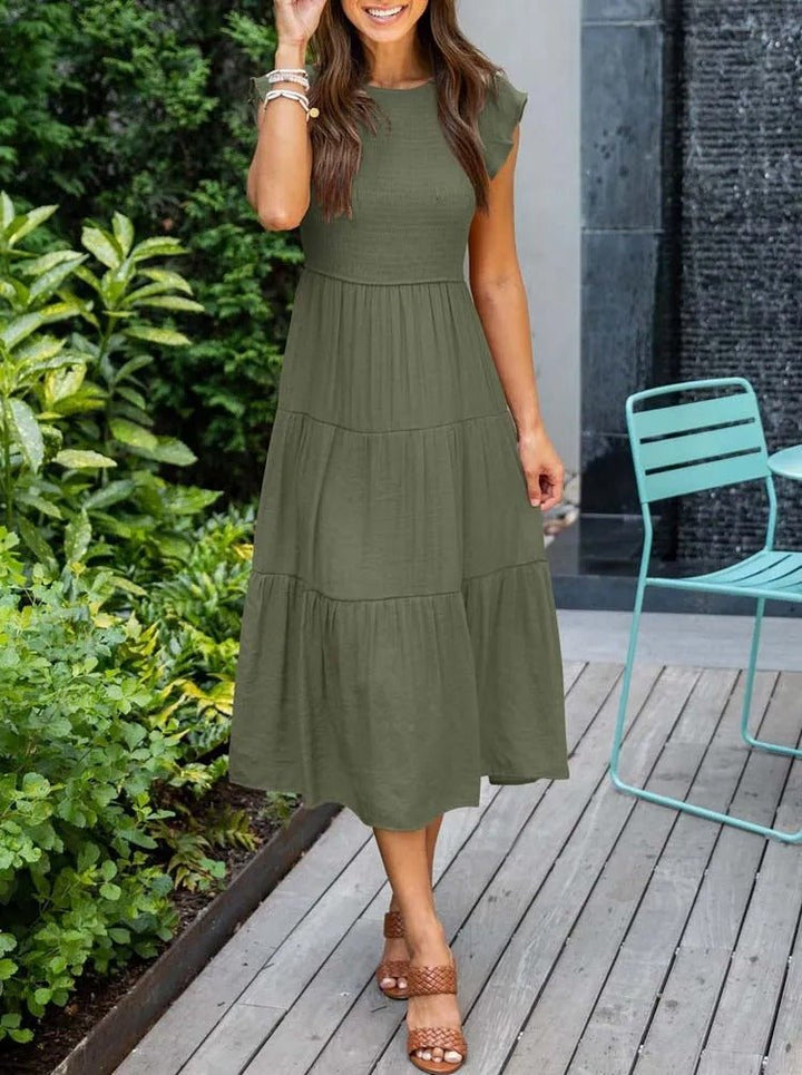 Clara Women's Tiered Cap Sleeve Midi Dress in olive green, featuring a fitted bodice and flowing A-line skirt.