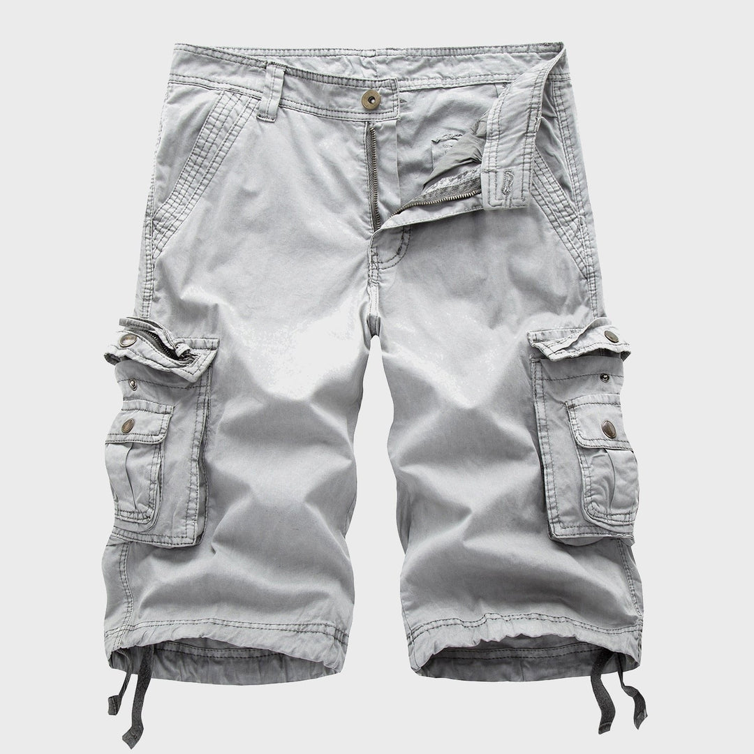 Men's Cole light gray knee-length cargo shorts with multi-pockets, zip fly, and adjustable drawstring hems.