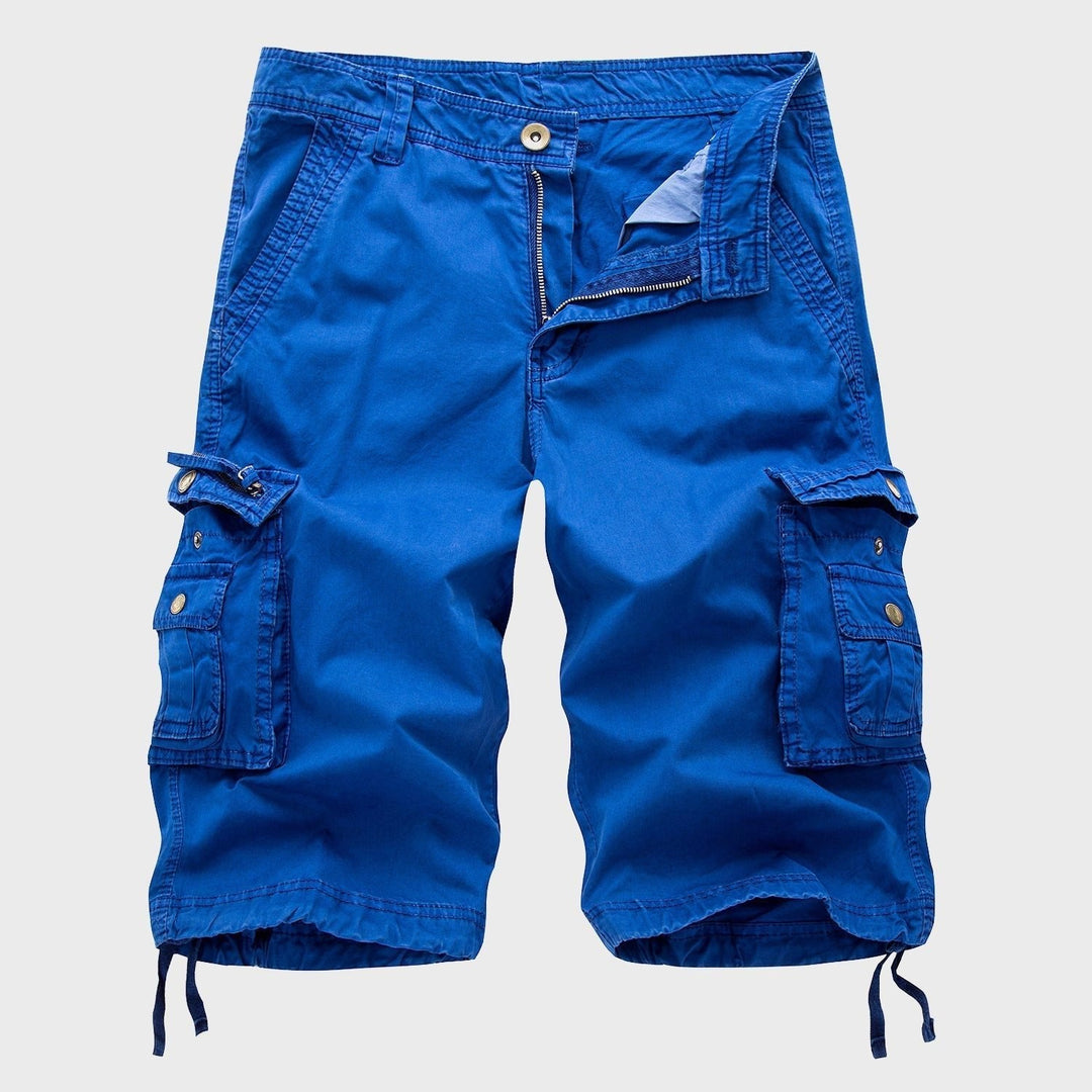 Men's Cole royal blue knee-length drawstring cargo shorts with multi-pocket design and zip fly.