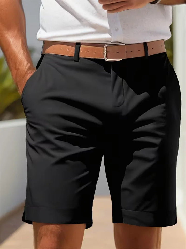 Men's Cole black lightweight straight leg shorts with a brown belt, perfect for warm-weather style.