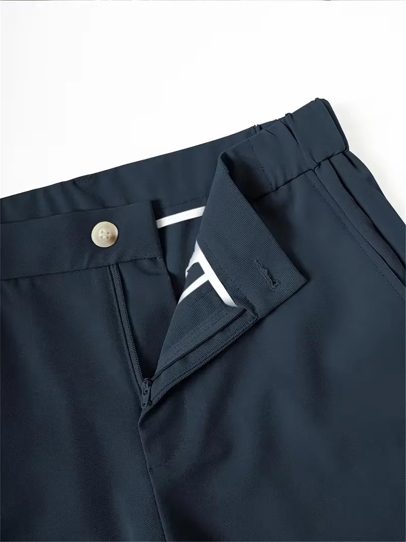 Cole Men's navy lightweight straight leg shorts with a mid-rise waist, button closure, and zipper fly.