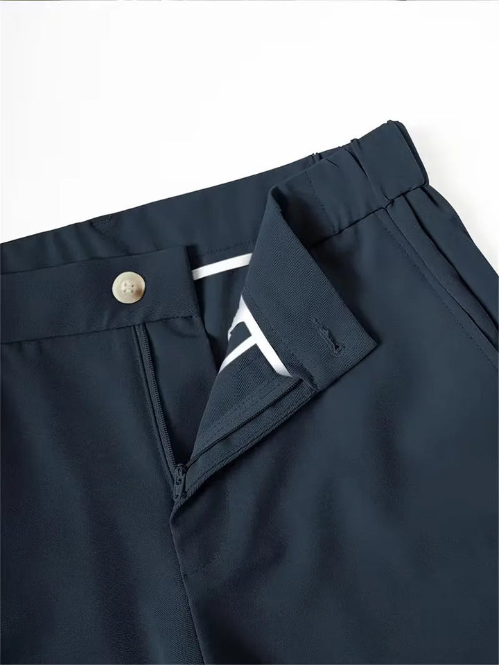 Cole Men's navy lightweight straight leg shorts with a mid-rise waist, button closure, and zipper fly.
