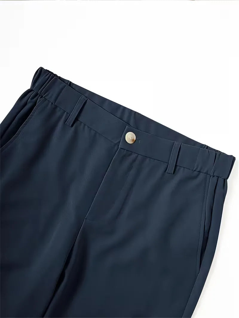Cole men's navy lightweight straight leg shorts with a mid-rise waist, light button, belt loops, and side pockets.