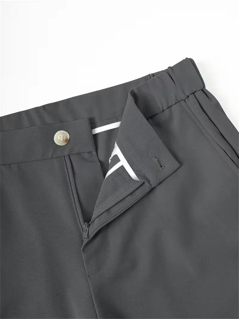 Cole men's lightweight straight leg shorts in dark gray, featuring a button, zipper, and belt loops.