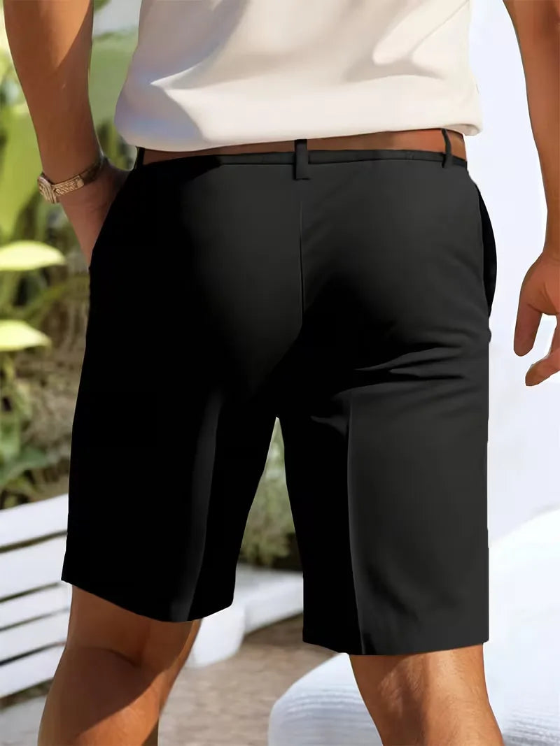 Men's black Cole lightweight straight leg shorts with a brown belt, perfect for warm-weather style.