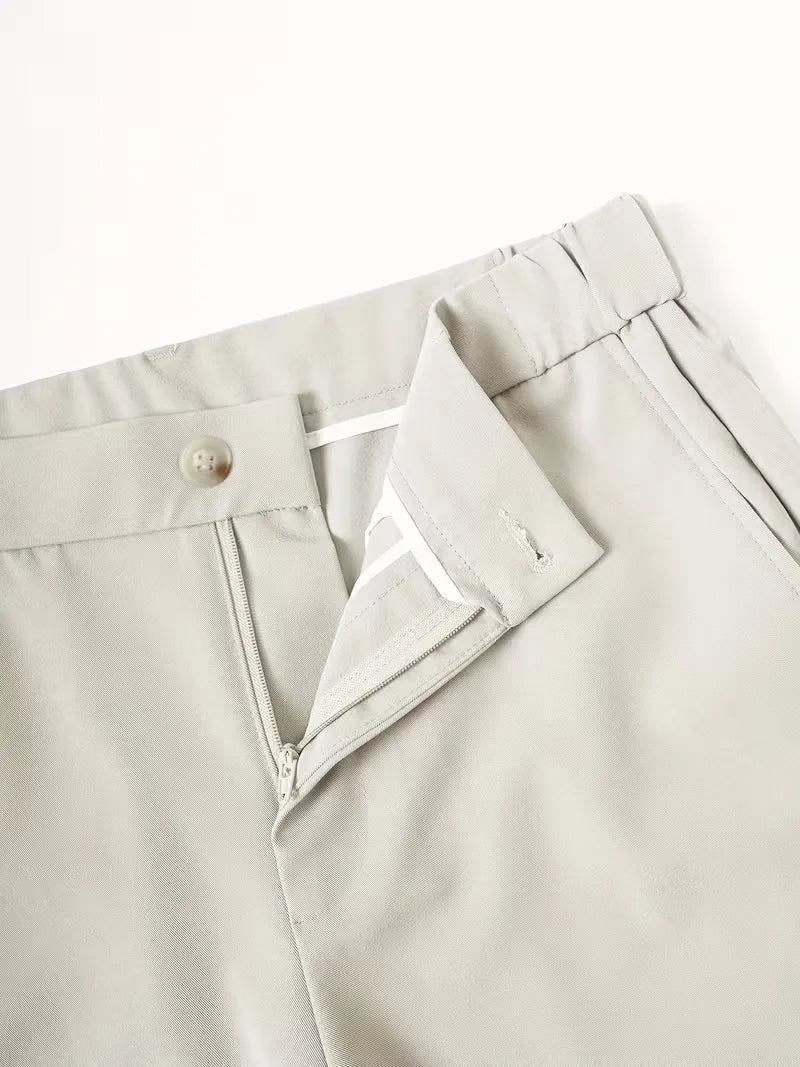 Cole men's lightweight straight leg shorts in light grey, featuring a mid-rise waist, button closure, and zipper fly.