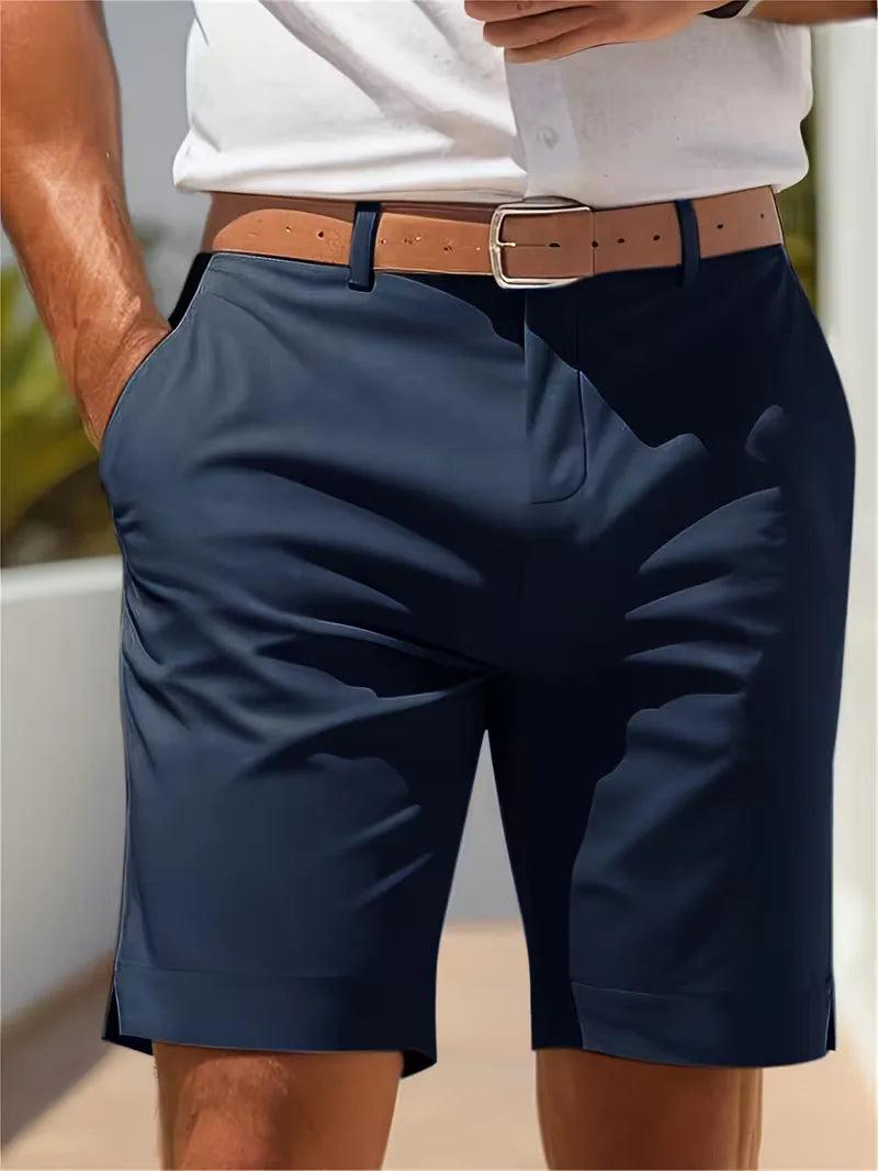 Men's Cole navy lightweight straight leg shorts with a tan belt, perfect for warm-weather style.