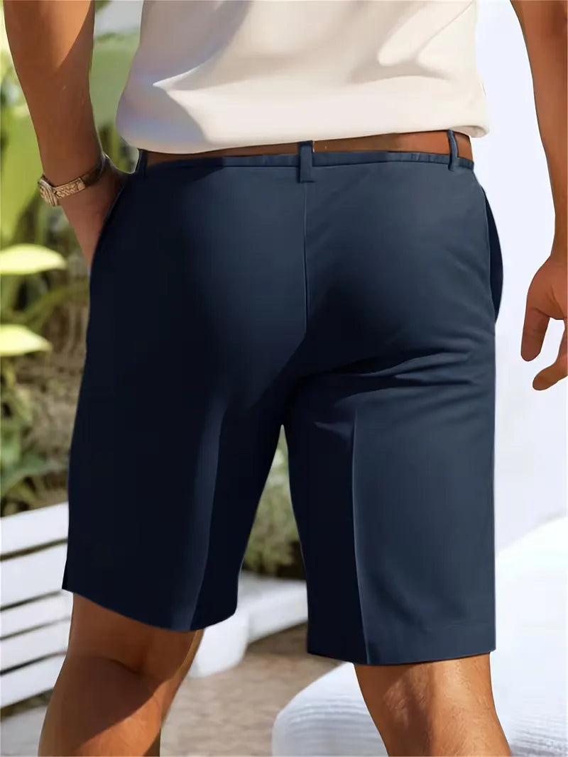 Men's Cole navy lightweight straight leg shorts with a brown belt and side pockets, perfect for warm days.