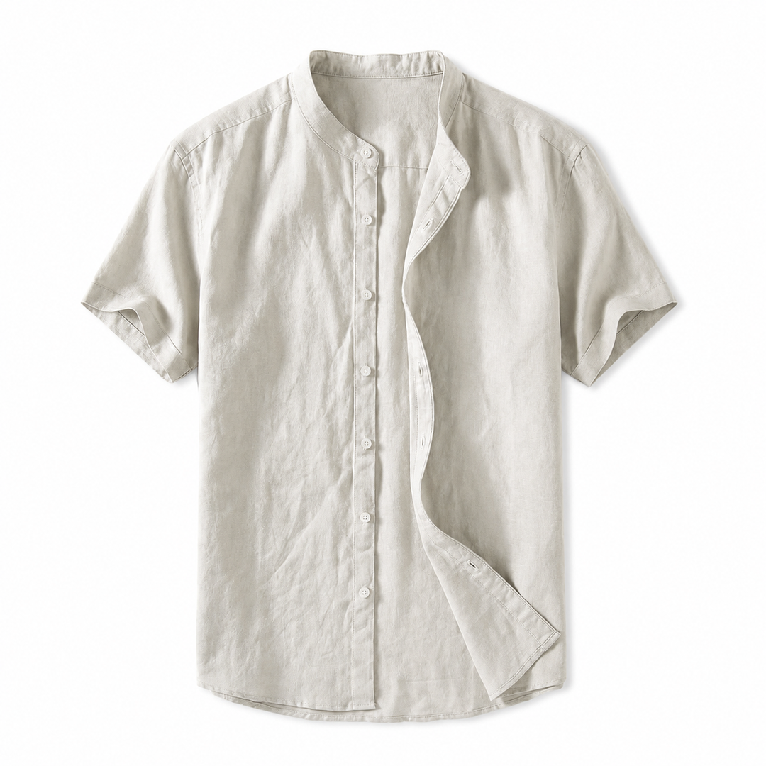 Men's Cole short sleeve linen shirt in a natural, textured weave with a stand collar and full button-front.