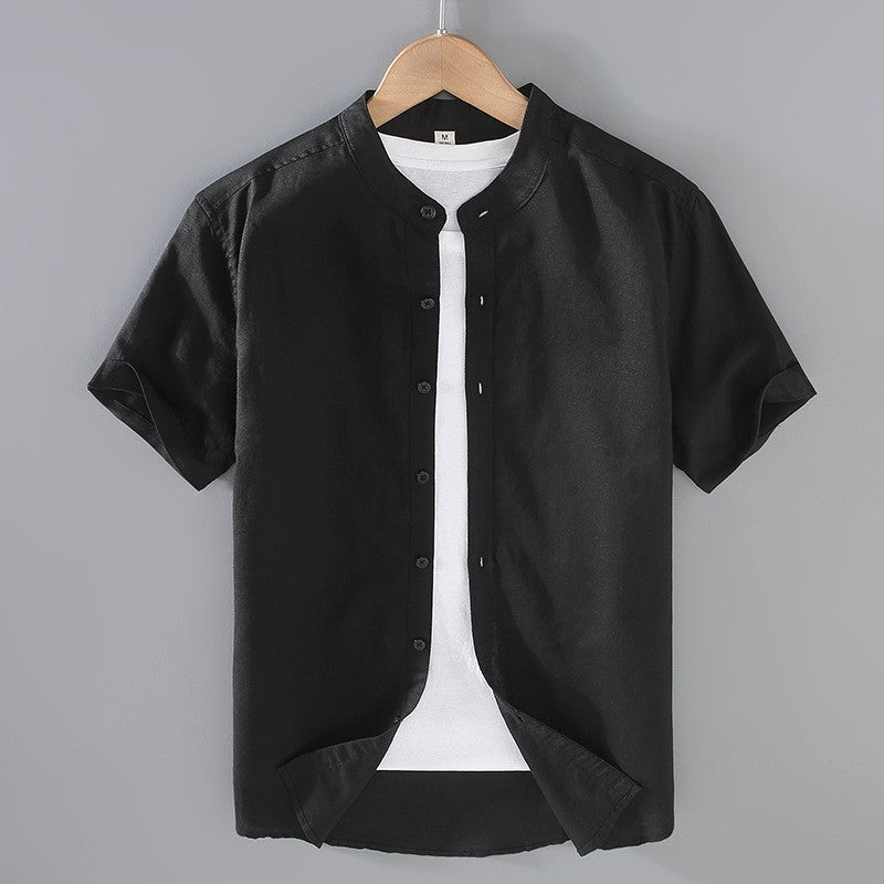 Men's Cole black short sleeve linen shirt with a stand collar, full button-front, and curved hem.
