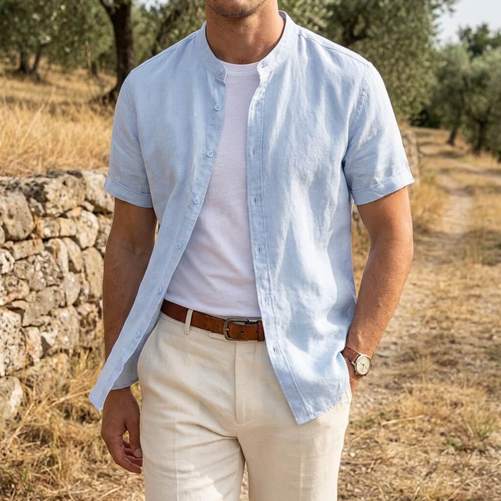 Men's light blue short sleeve linen shirt with stand collar, worn open over a white tee.