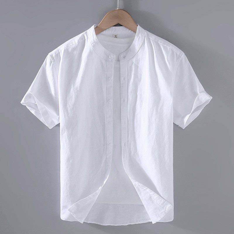 Men's Cole white short-sleeve linen shirt with a stand collar and full button-front closure.