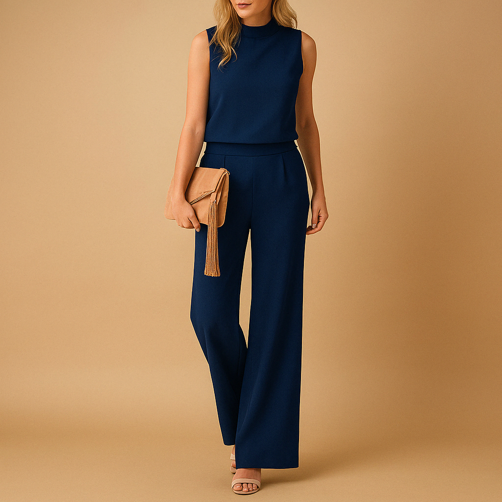 Woman in a navy sleeveless top and wide-leg pants set, holding a tan clutch with a tassel.