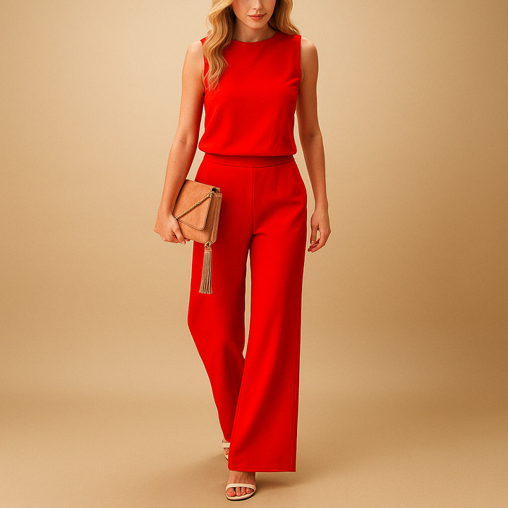 Coraline women's red sleeveless top and wide-leg pants set with a clutch.