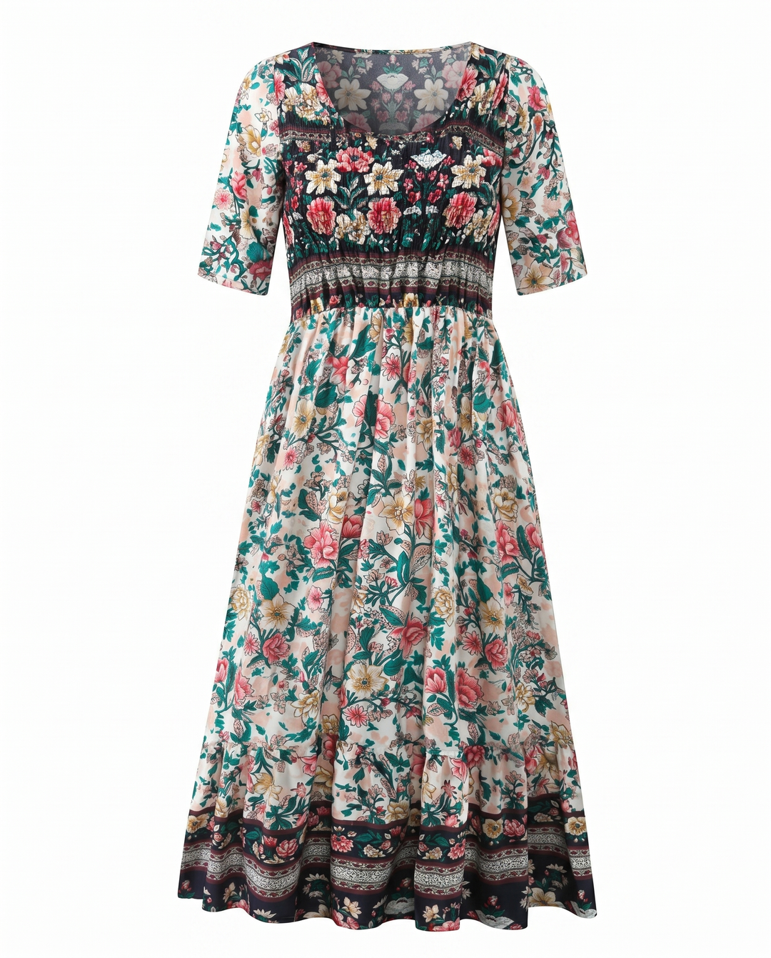 Women's Dahlia square neck boho midi dress with a dark floral shirred bodice and a light tiered floral skirt.