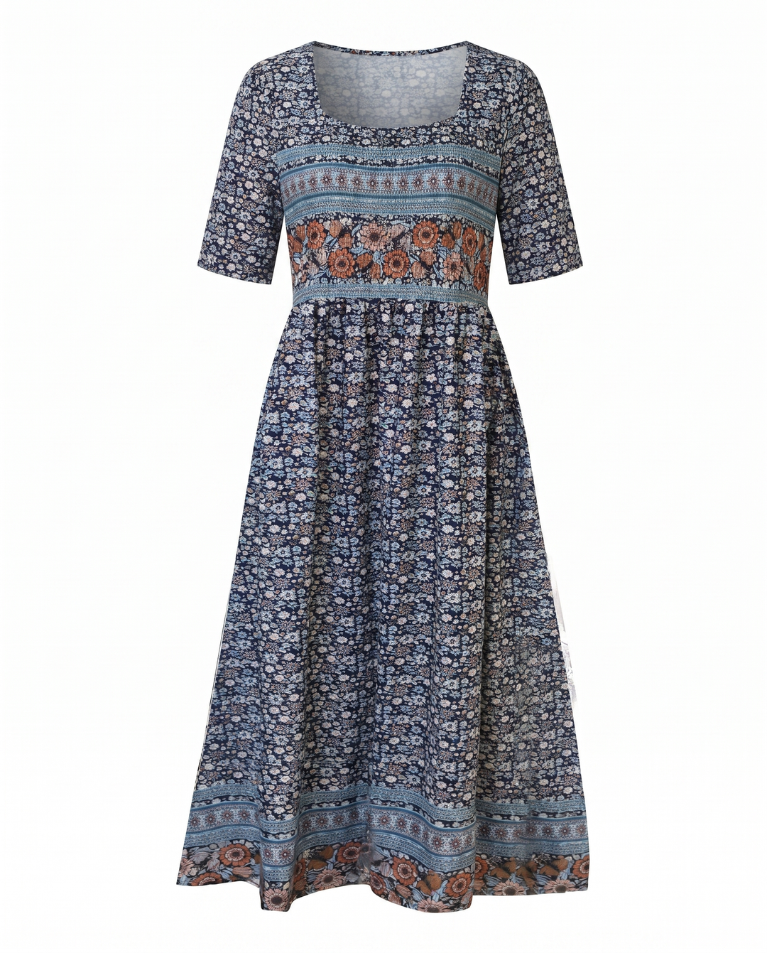 Dahlia women's square neck boho printed midi dress with shirred bodice and tiered skirt.