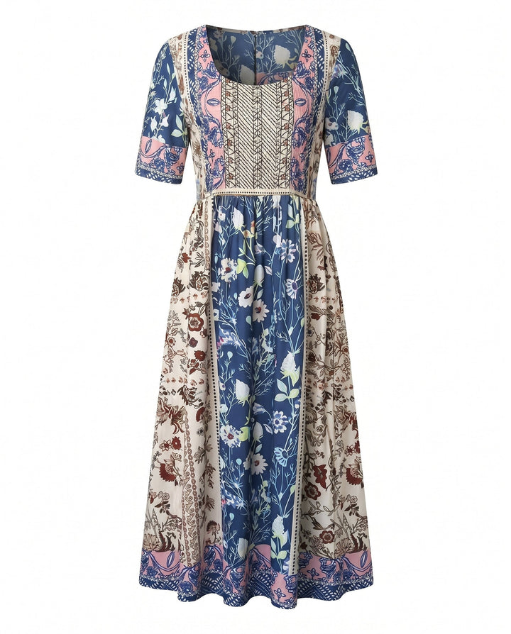 Women's Dahlia square neck boho printed midi dress with shirred bodice and tiered skirt.