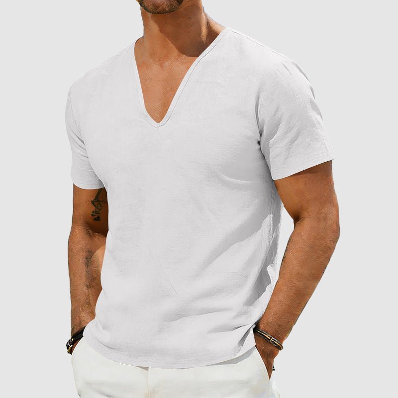 Men's white linen short sleeve V-neck shirt for warm-weather casual wear.