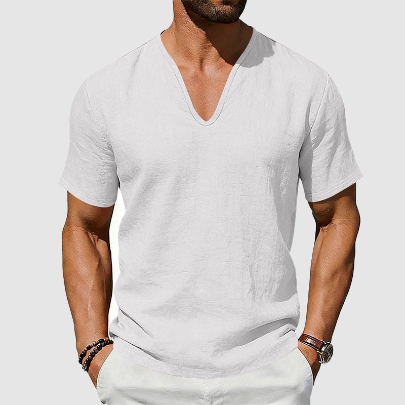 Men's Declan white short sleeve linen V-neck shirt with a clean, casual shape.