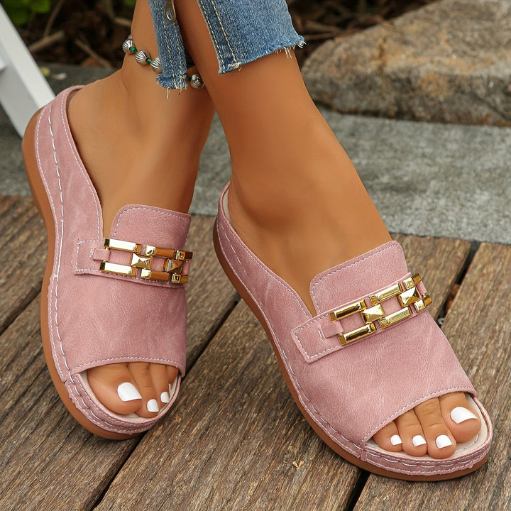 Ella | Women's Comfortable Slip On Sandals with Gold Link Detail