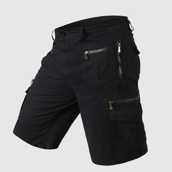 Dominic men's black zipper cargo shorts with multiple utility pockets and knee-length cut.