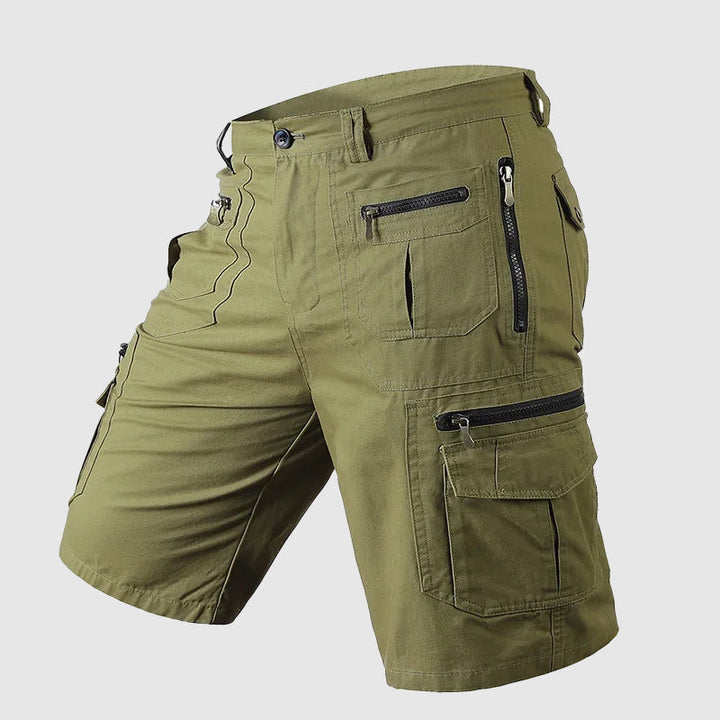 Men's Dominic olive green zipper cargo shorts with multiple utility pockets and knee-length cut.