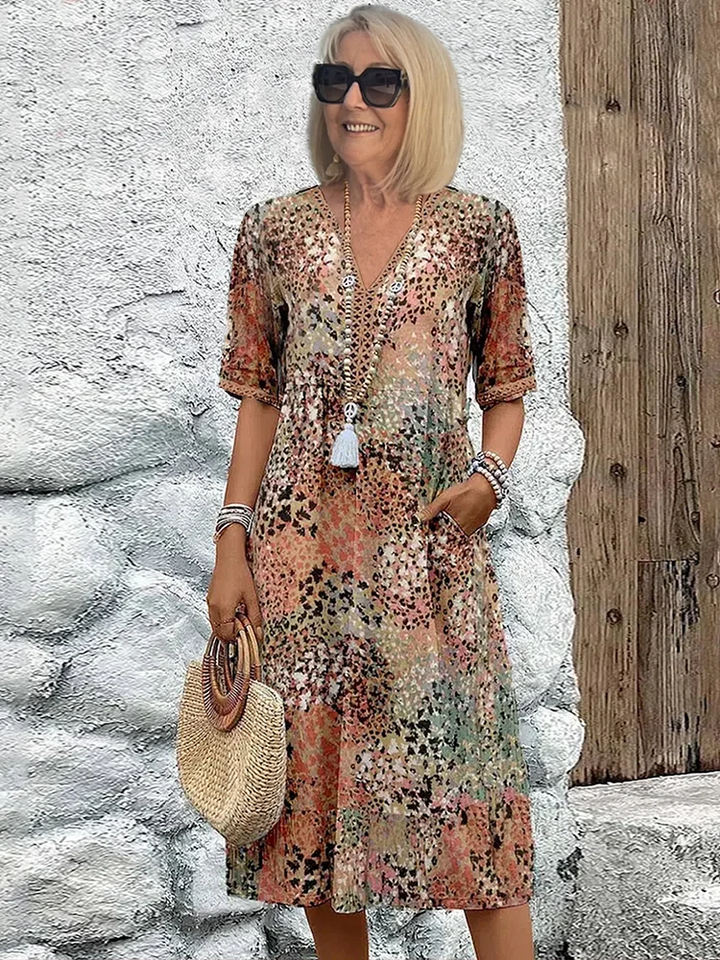 Alma | Women's Colorful Printed Midi Dress with Short Sleeves