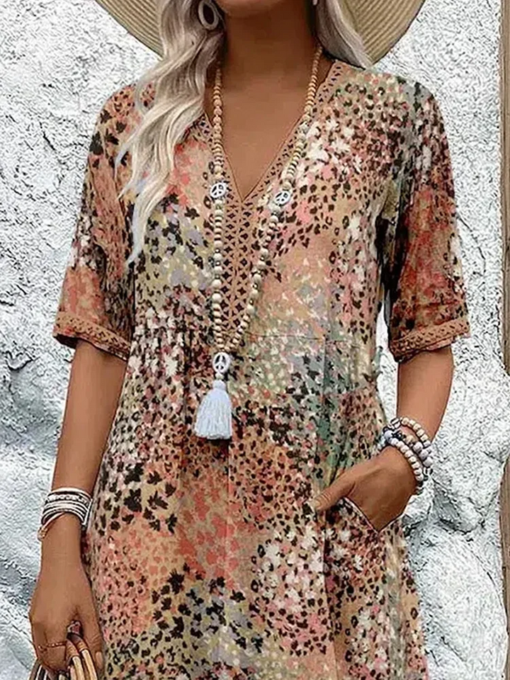 Alma | Women's Colorful Printed Midi Dress with Short Sleeves