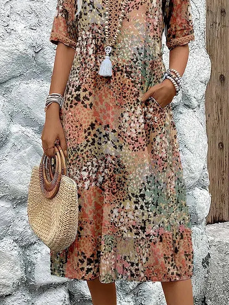 Alma | Women's Colorful Printed Midi Dress with Short Sleeves