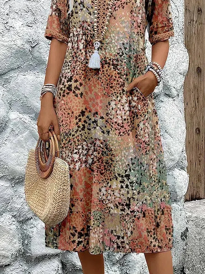 Alma | Women's Colorful Printed Midi Dress with Short Sleeves
