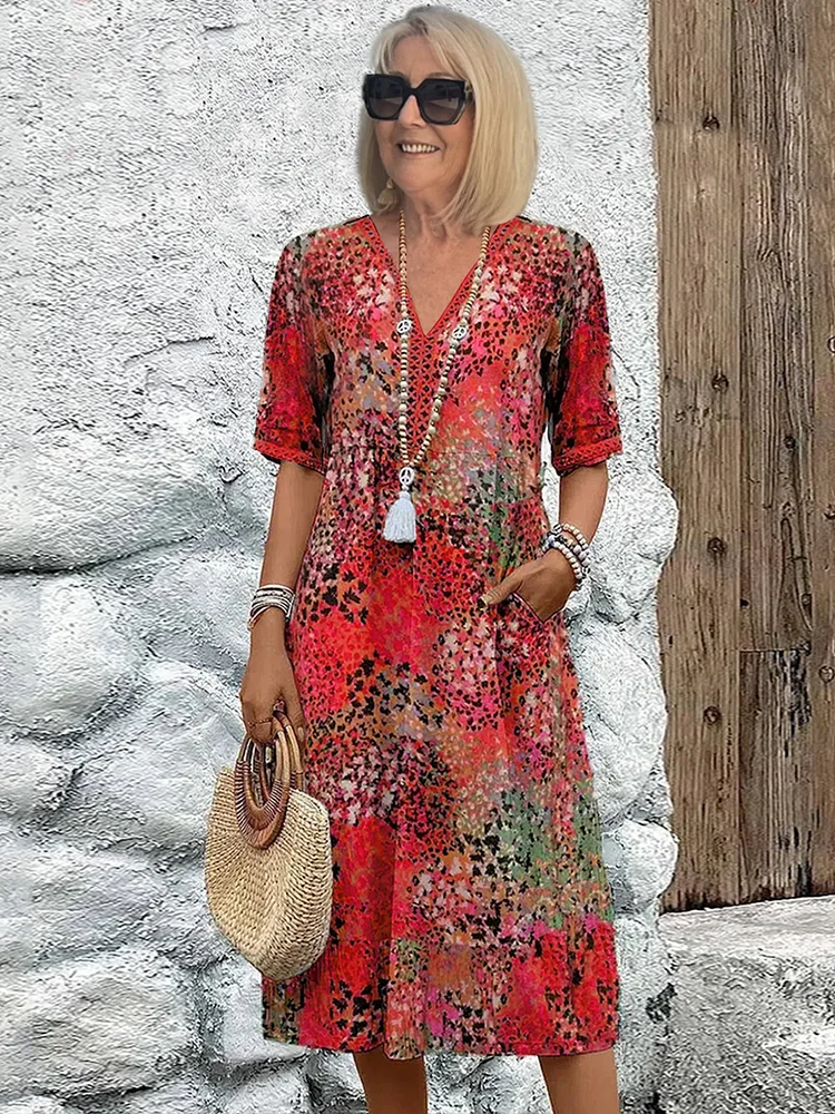 Alma | Women's Colorful Printed Midi Dress with Short Sleeves