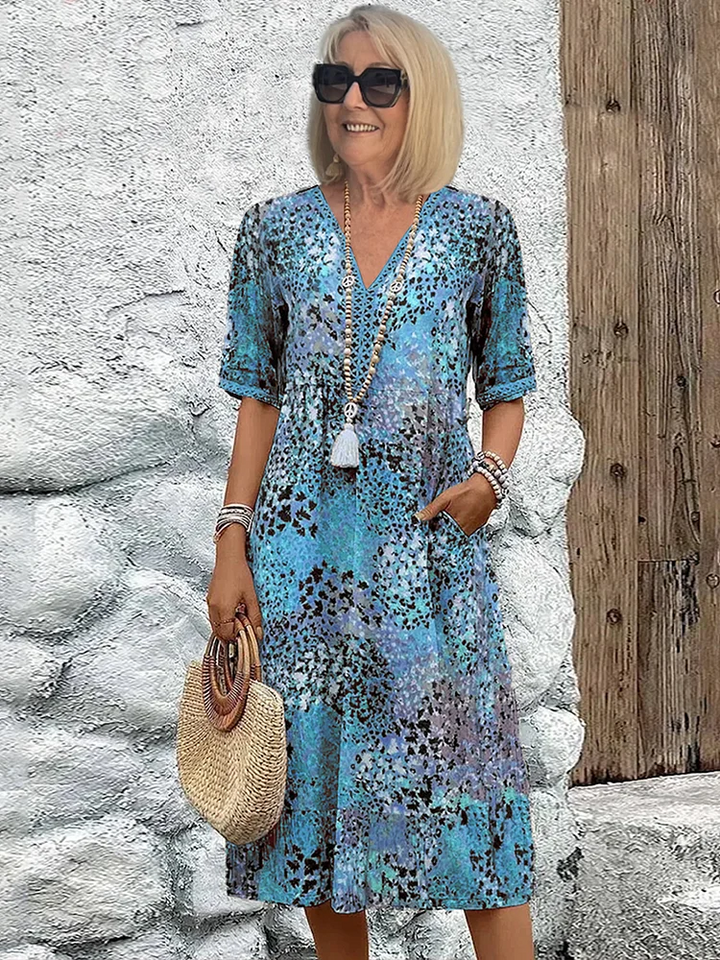 Alma | Women's Colorful Printed Midi Dress with Short Sleeves
