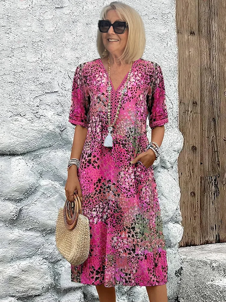 Alma | Women's Colorful Printed Midi Dress with Short Sleeves