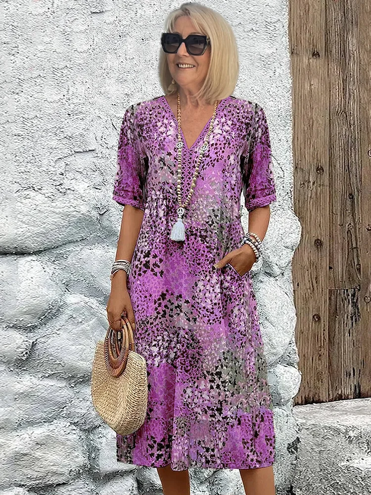 Alma | Women's Colorful Printed Midi Dress with Short Sleeves