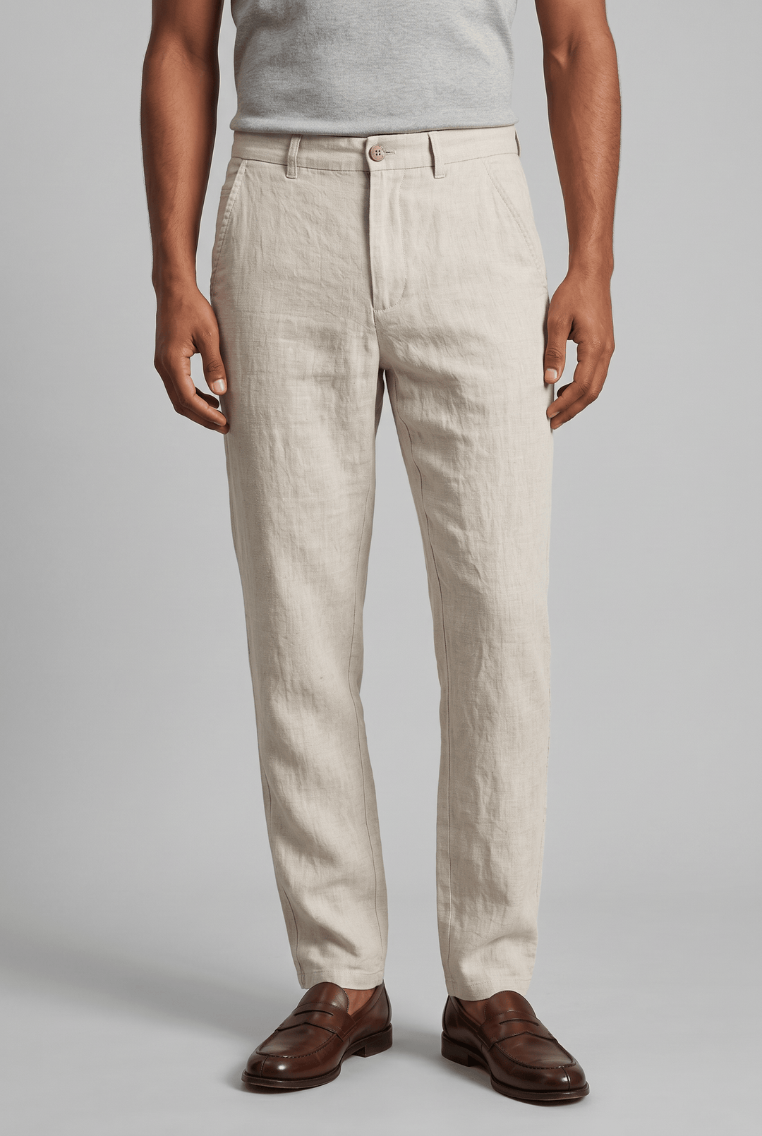 Men's slim fit Drew linen blend chinos in a natural beige, featuring a flat front and straight leg.