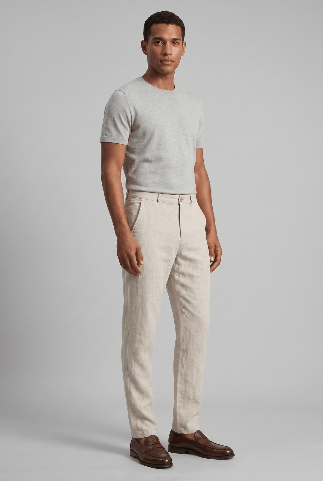 Men's Drew slim fit linen chinos in a light beige, paired with a gray tee and brown loafers.