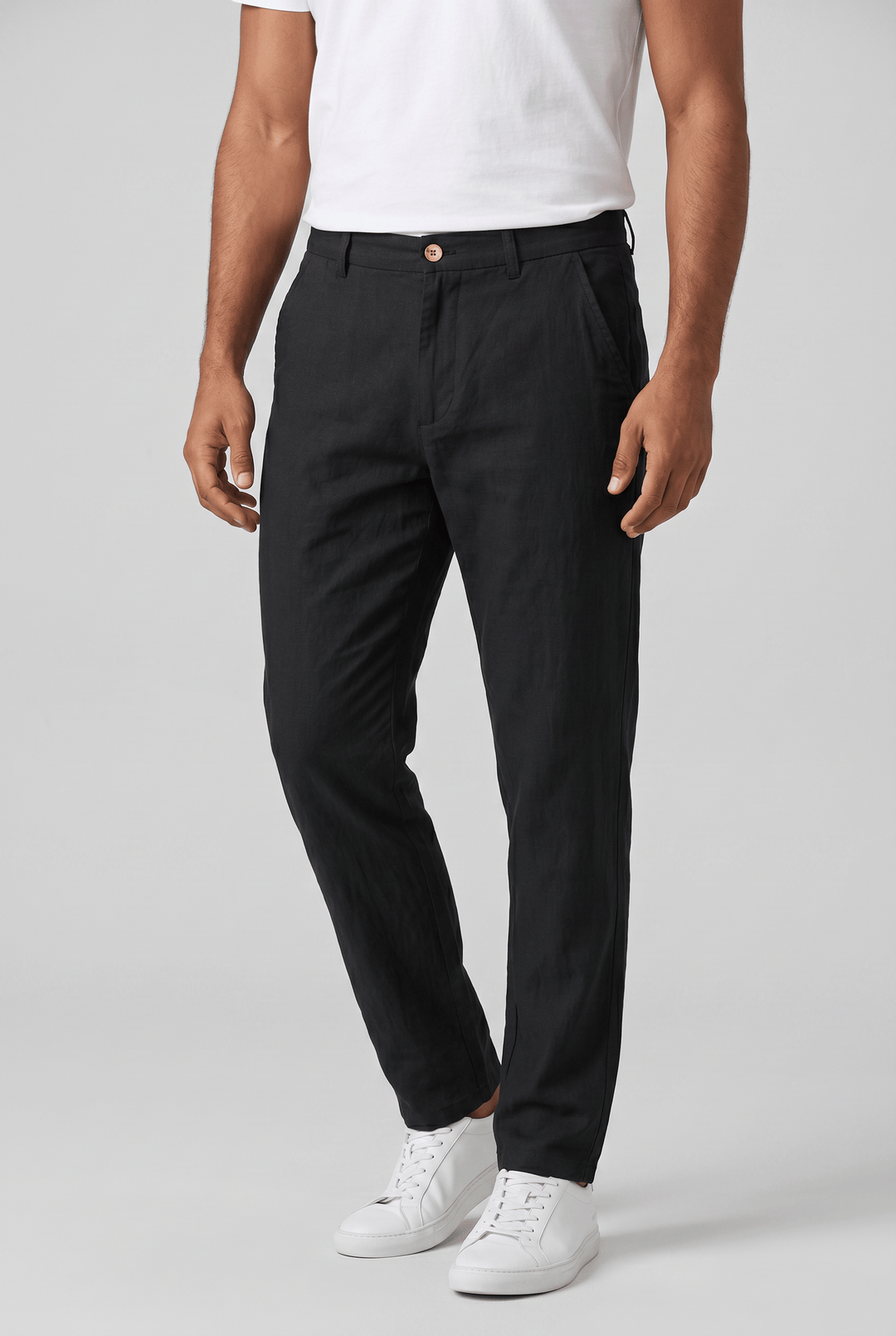 Men's Drew slim fit black linen blend chinos with flat front, side pockets, and button-zip closure.