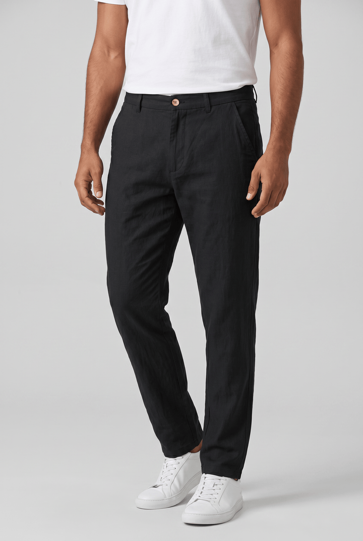 Men's Drew slim fit black linen blend chinos with flat front, side pockets, and button-zip closure.