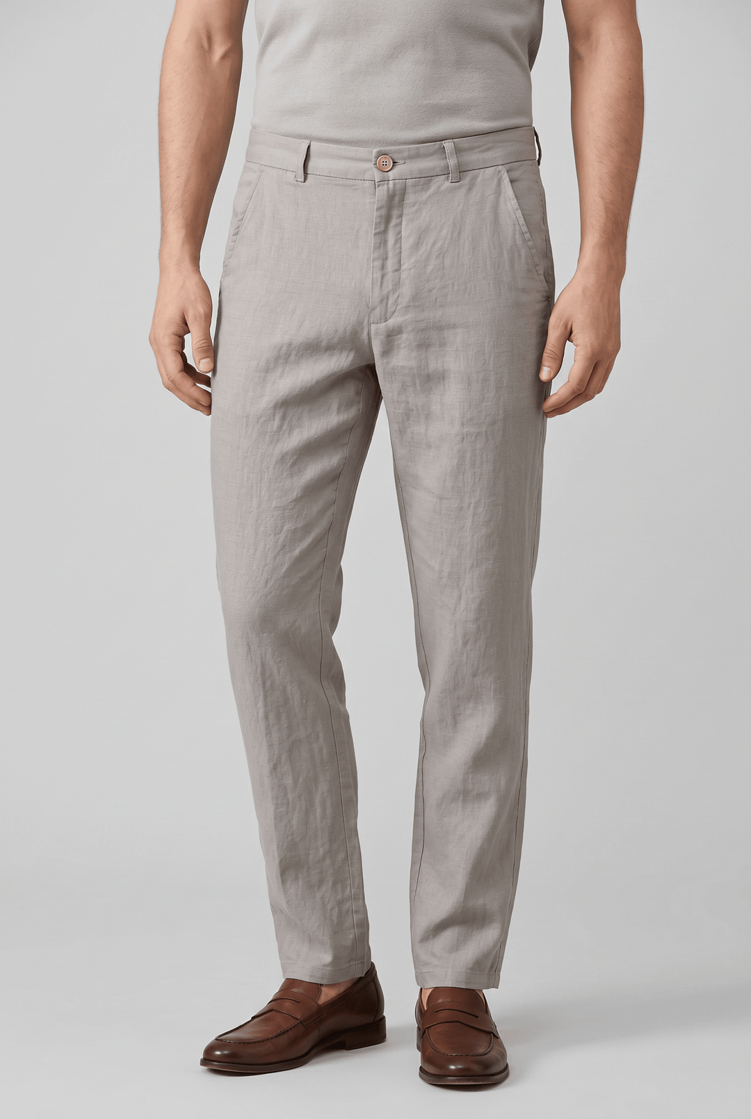Men's Drew slim fit linen chinos in light grey, featuring a flat front, straight leg, and side pockets.
