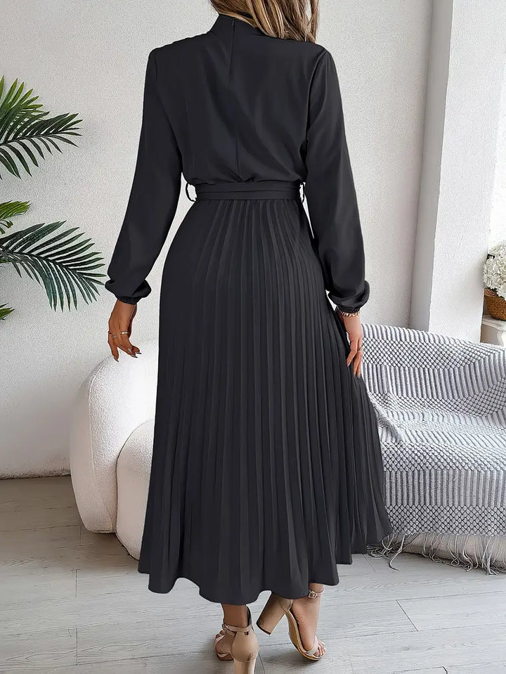 Amelia | Women's Long Sleeve Pleated Midi Dress with Belted Waist