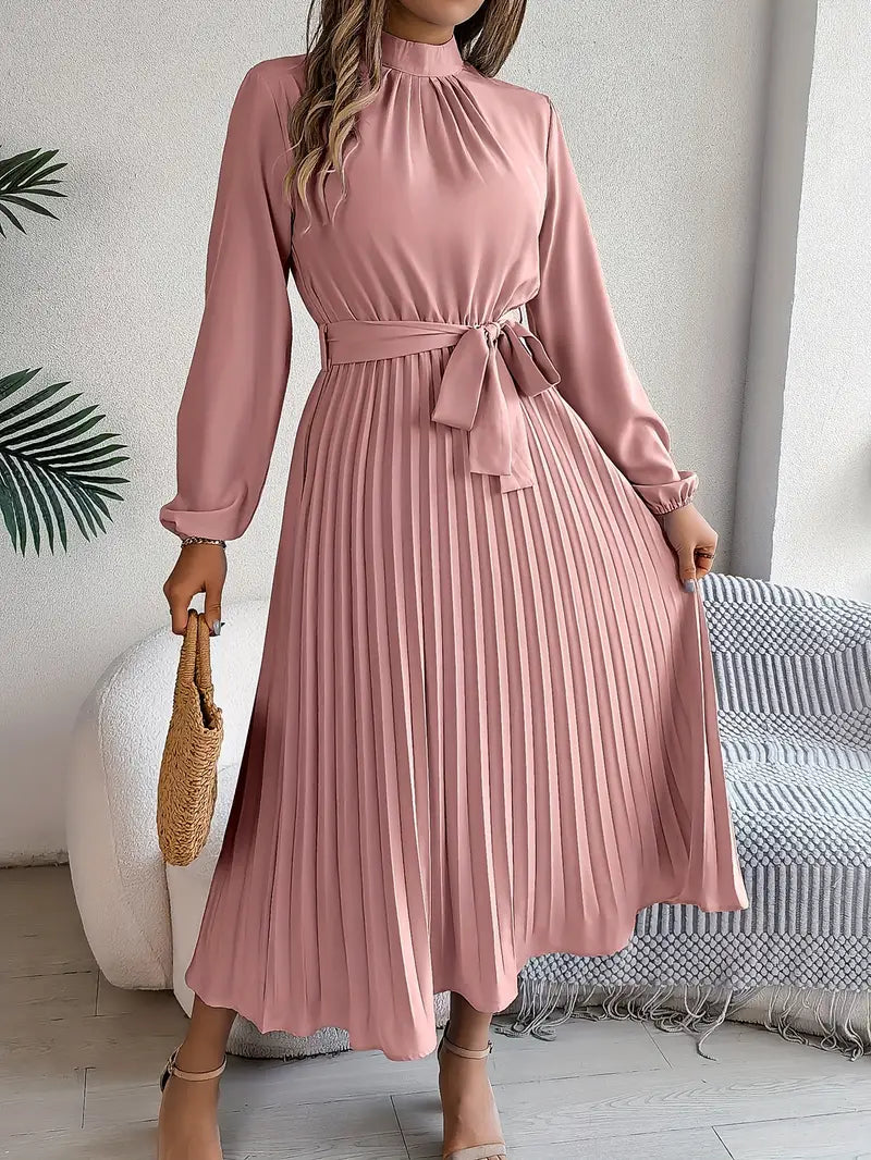 Amelia | Women's Long Sleeve Pleated Midi Dress with Belted Waist