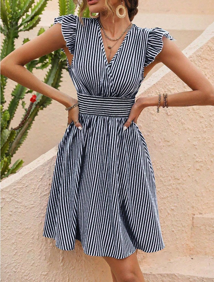 Elena women's striped flutter sleeve dress with a wrap-style V-neckline and smocked waist.