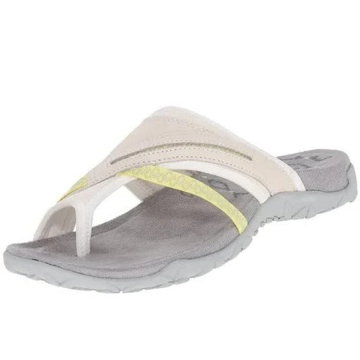 Emily women's orthopedic thong sandals with beige, white, and yellow straps, a gray cushioned footbed, and a low-profile sole.