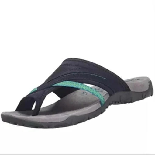 Emily women's black and teal orthopedic thong sandals with arch support and textured straps.