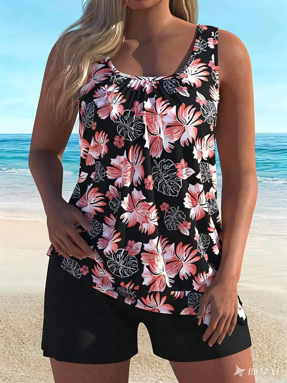 Women's floral tankini with shorts, featuring a blue and white botanical print.