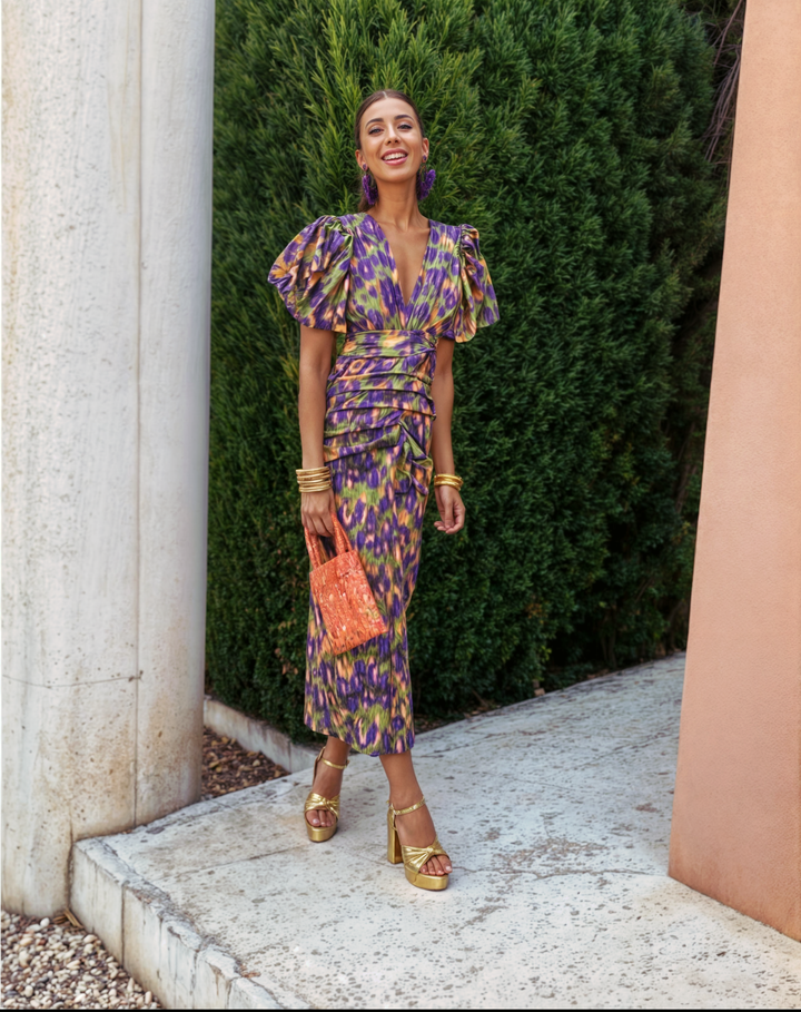 Lissy | Women's Puff Sleeve Midi Dress with V-Neck and Ruched Waist