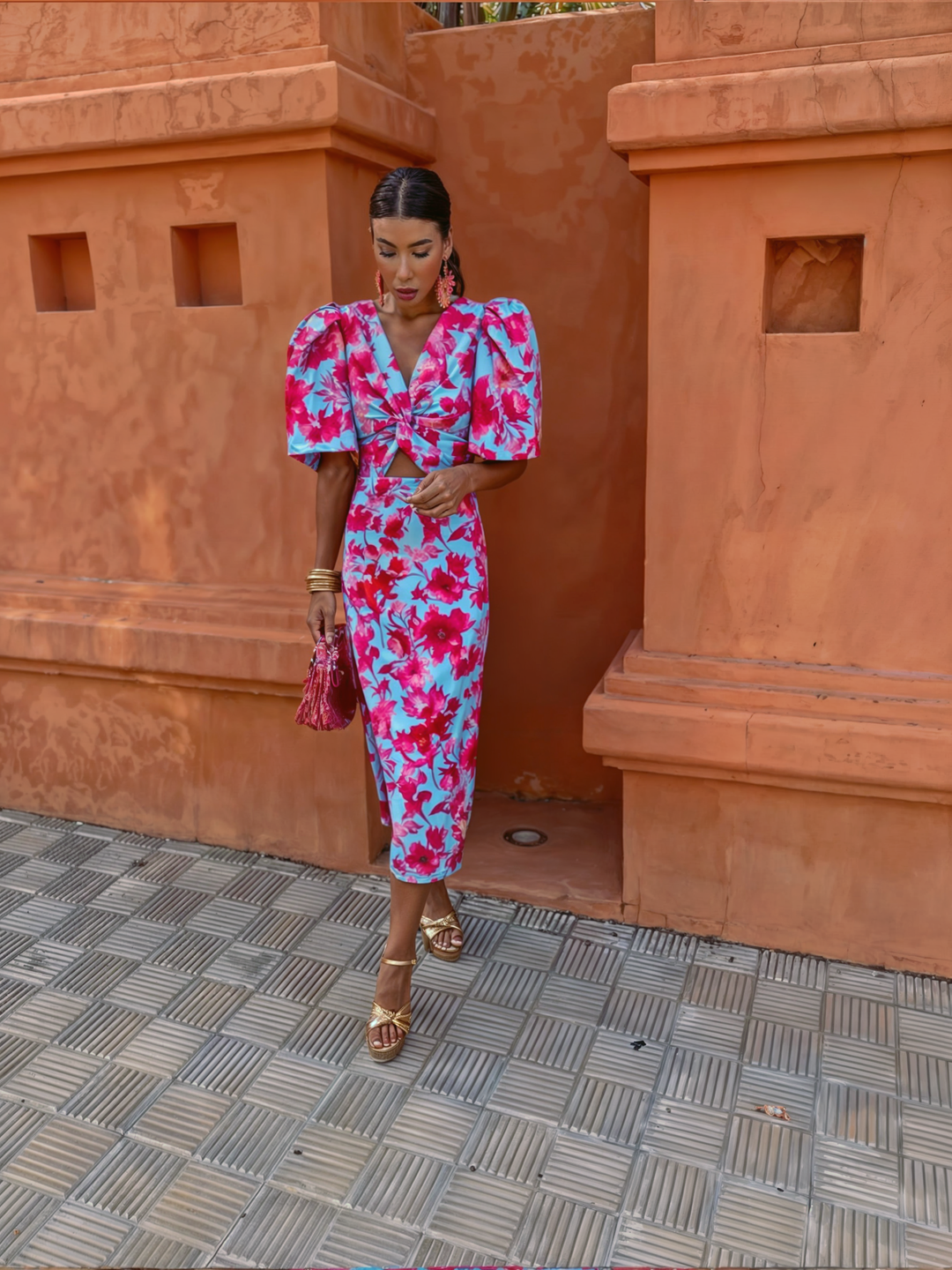 Lissy | Women's Puff Sleeve Midi Dress with V-Neck and Ruched Waist