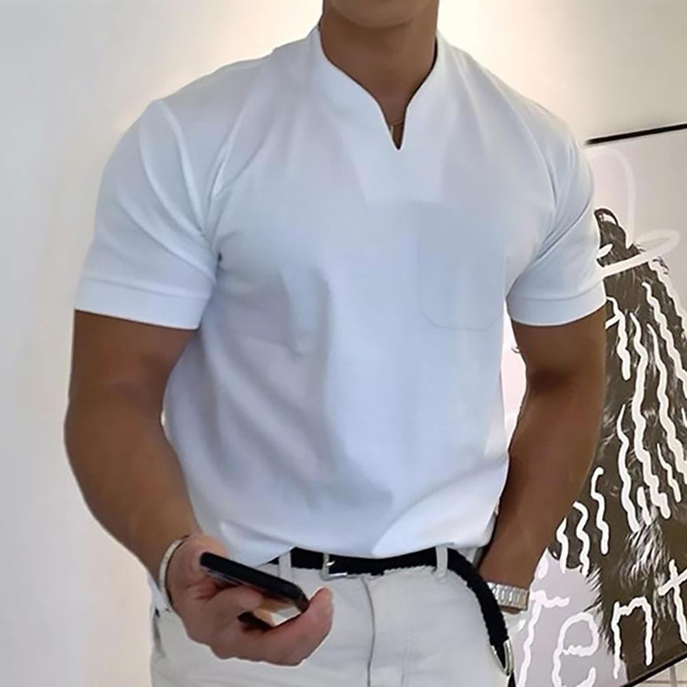 Men's Ethan classic white polo shirt with a neat buttonless placket, clean fit, and waist-length hem.