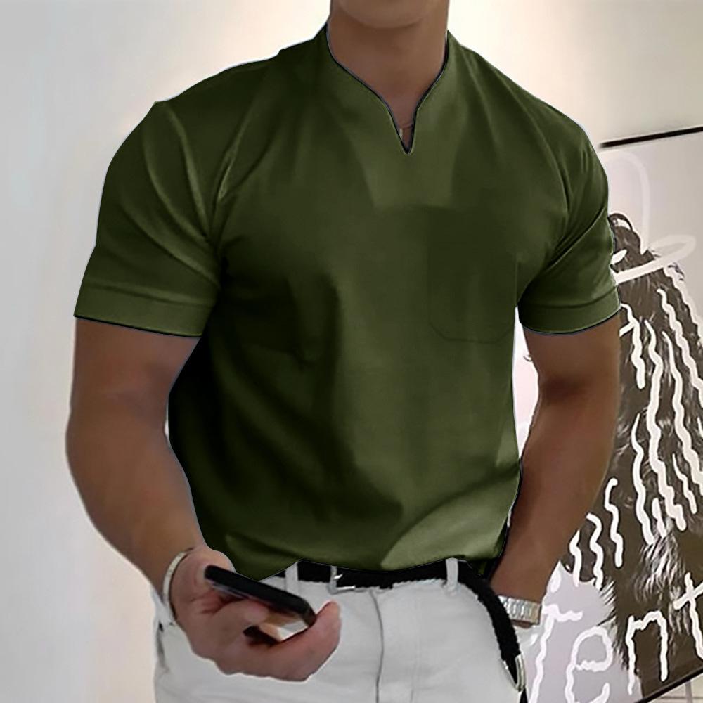 Men's Ethan classic olive green polo shirt with a clean fit, V-neck, and short sleeves.